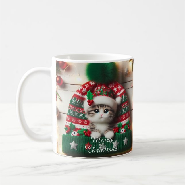 Christmas Cat Mug – Cute Kitty with Santa Hat (Left)