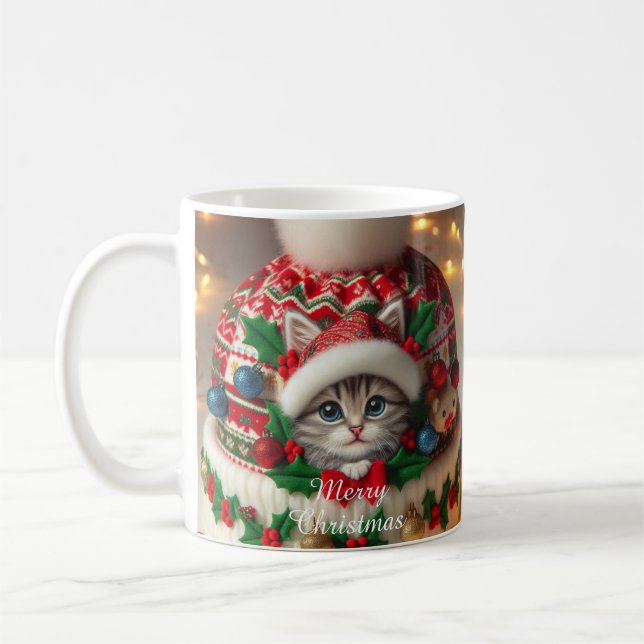 Christmas Cat Mug – Cute Kitty with Santa Hat (Left)