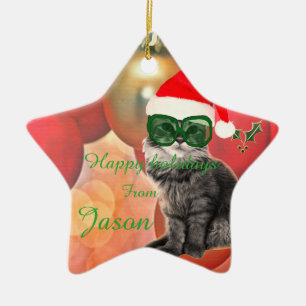 Christmas Cat on a christmas ball background Ceramic Ornament
