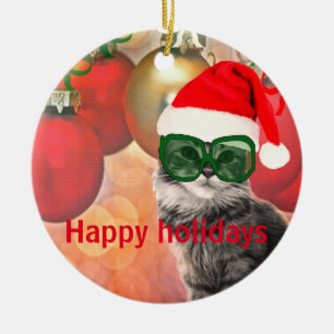 Christmas Cat on a christmas ball background Ceramic Tree Decoration