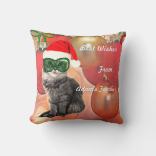 Christmas Cat on baubles background Cushion