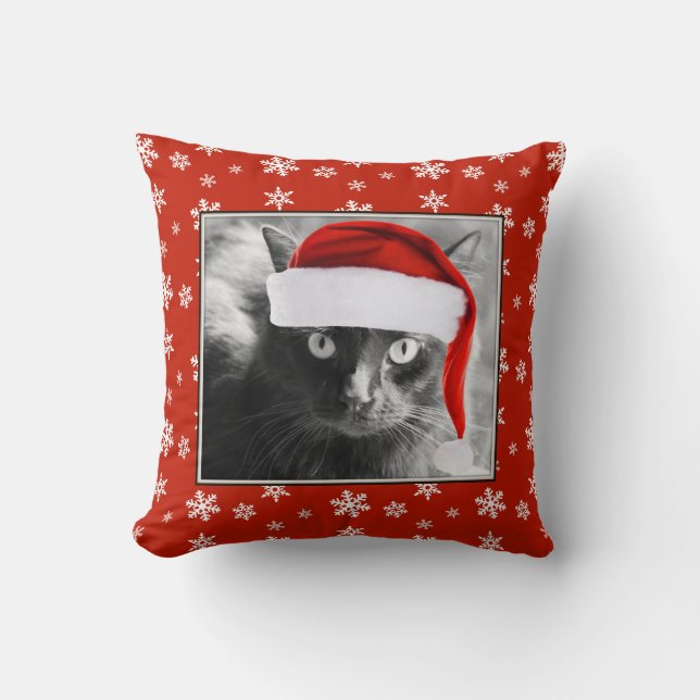 Christmas Cat on Red Pillow w/ Snowflakes (Front)