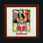Christmas Cat Personalised Trinket Box<br><div class="desc">This cute grey tabby cat is dressed for the holidays in a red bow while he/she sits under the Christmas stockings awaiting his Christmas mouse!  Makes a sweet gift.  Choose our matching ornament,  keychain or necklace and place inside for that extra touch.</div>