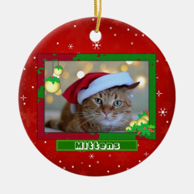 Christmas Cat Pet Photo Name Red Ceramic Ornament (Front)