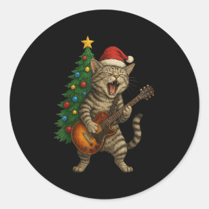 Christmas Cat Playing Guitar Rock And Roll Star Ca Classic Round Sticker