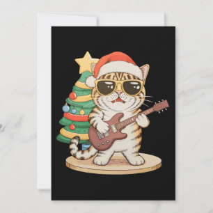 Christmas Cat Playing Guitar Rock Jazz Xmas Hat Holiday Card