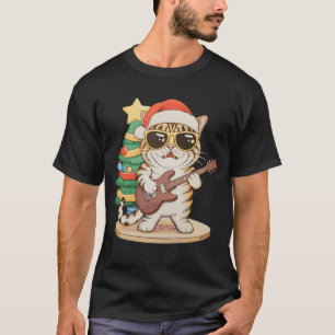 Christmas Cat Playing Guitar Rock Jazz Xmas Hat T-Shirt