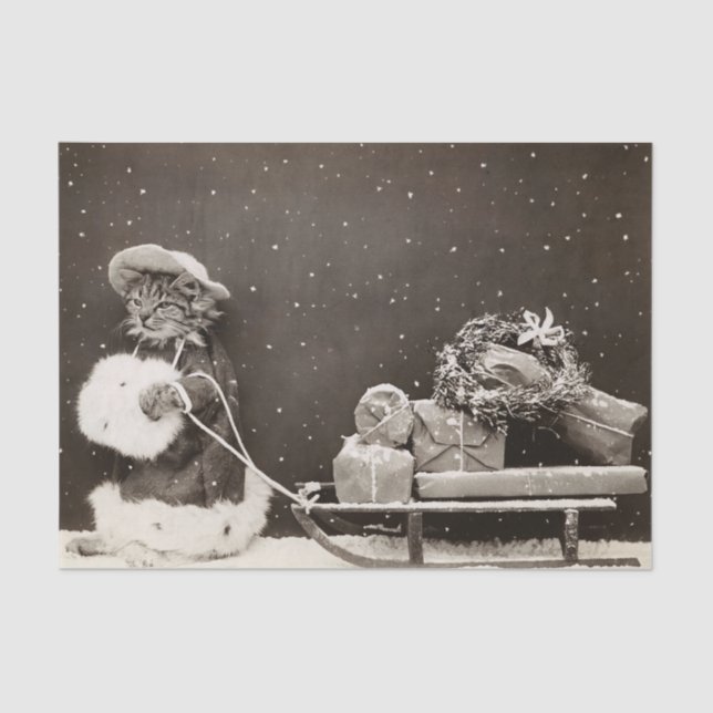 Christmas Cat Pulling a Sled of Presents Tissue Paper (Front)