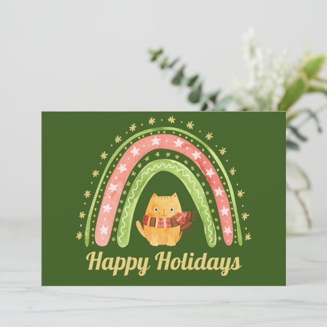Christmas Cat & Rainbow Personalised Holiday Card (Standing Front)