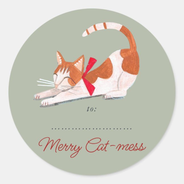 Christmas Cat reindeer green Holiday  Classic Round Sticker (Front)