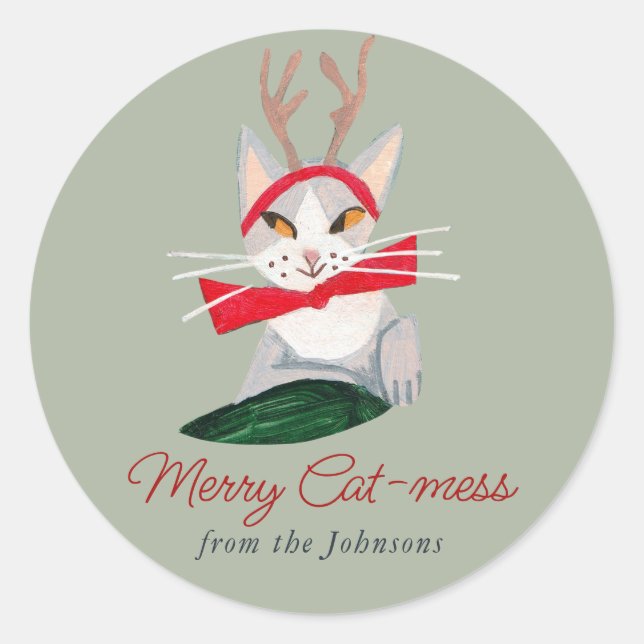 Christmas Cat reindeer Holiday Classic Round Sticker (Front)