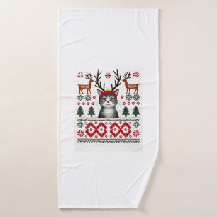 Christmas Cat Reindeer Ugly Christmas Sweater T-Sh Bath Towel
