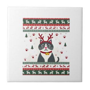 Christmas Cat Reindeer Ugly Christmas Sweater T-Sh Ceramic Tile