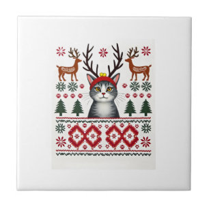 Christmas Cat Reindeer Ugly Christmas Sweater T-Sh Ceramic Tile