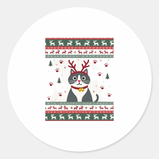 Christmas Cat Reindeer Ugly Christmas Sweater T-Sh Classic Round Sticker (Front)