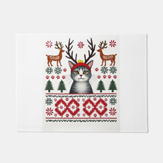 Christmas Cat Reindeer Ugly Christmas Sweater T-Sh Doormat