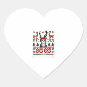 Christmas Cat Reindeer Ugly Christmas Sweater T-Sh Heart Sticker