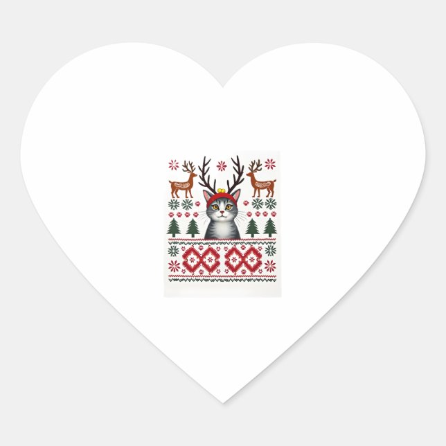 Christmas Cat Reindeer Ugly Christmas Sweater T-Sh Heart Sticker (Front)