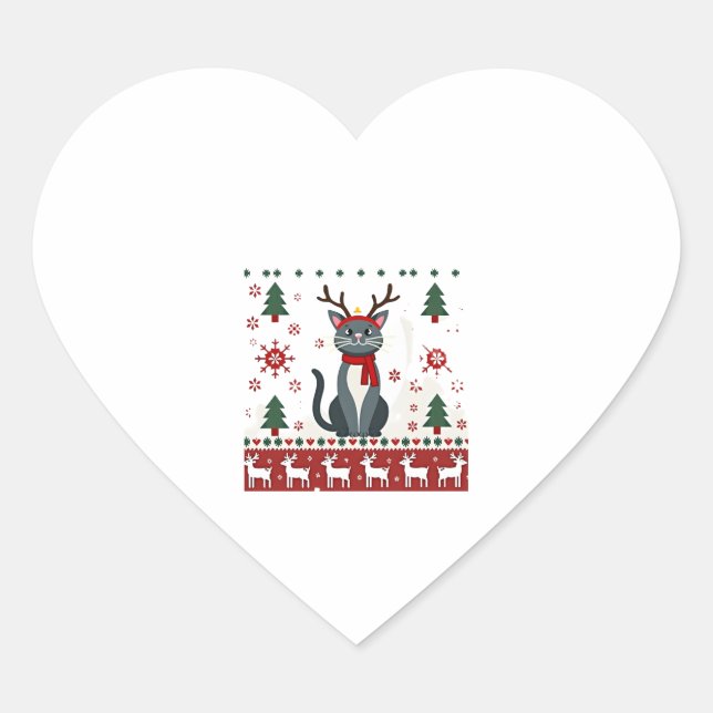 Christmas Cat Reindeer Ugly Christmas Sweater T-Sh Heart Sticker (Front)