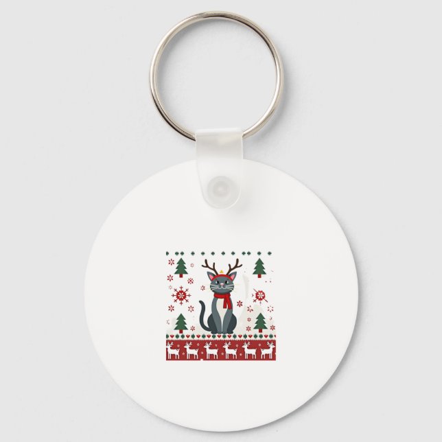 Christmas Cat Reindeer Ugly Christmas Sweater T-Sh Key Ring (Front)