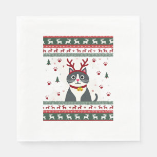 Christmas Cat Reindeer Ugly Christmas Sweater T-Sh Napkin