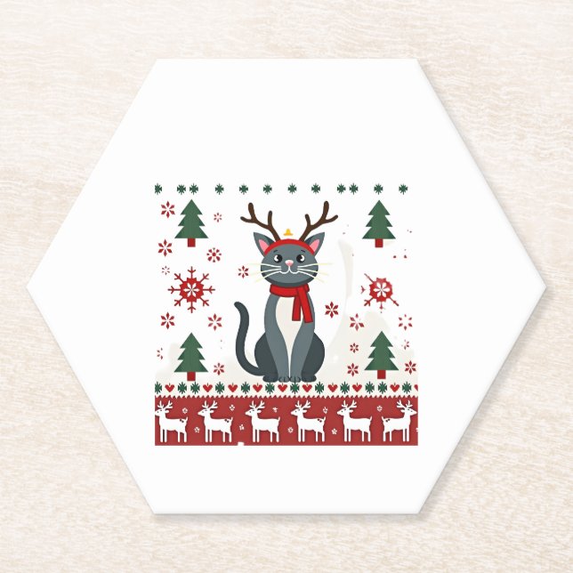 Christmas Cat Reindeer Ugly Christmas Sweater T-Sh Paper Coaster (Front)