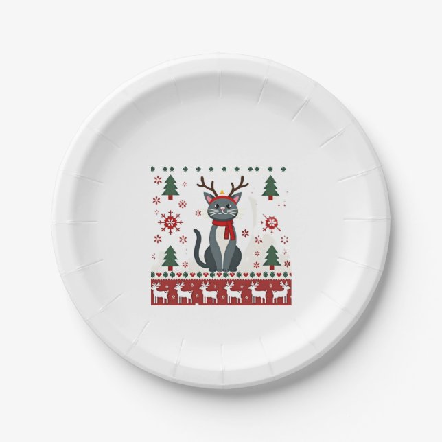Christmas Cat Reindeer Ugly Christmas Sweater T-Sh Paper Plate (Front)