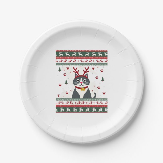 Christmas Cat Reindeer Ugly Christmas Sweater T-Sh Paper Plate (Front)