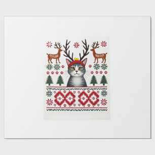 Christmas Cat Reindeer Ugly Christmas Sweater T-Sh Wrapping Paper