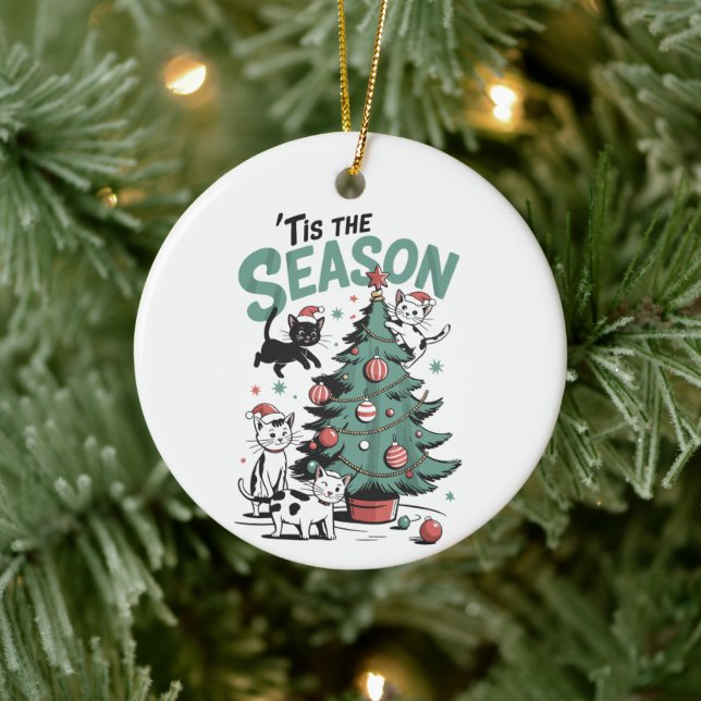 Christmas Cat Retro Tis The Season Meowy Catmas  Ceramic Ornament (Tree)