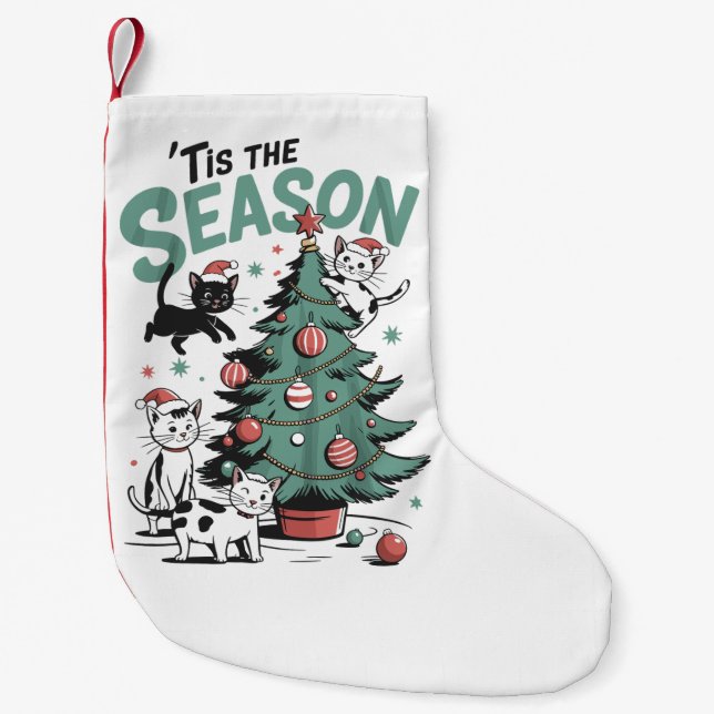 Christmas Cat Retro Tis The Season Meowy Catmas  Small Christmas Stocking (Front)