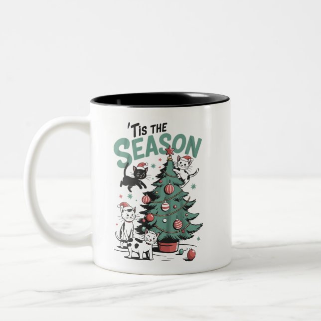 Christmas Cat Retro Tis The Season Meowy Catmas  Two-Tone Coffee Mug (Left)