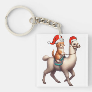 Christmas Cat Riding Llama, Xmas Llama and Kitten Key Ring
