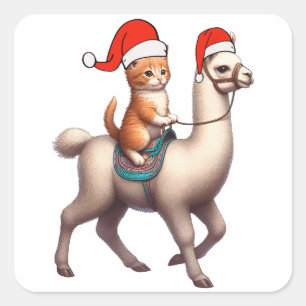 Christmas Cat Riding Llama, Xmas Llama and Kitten Square Sticker