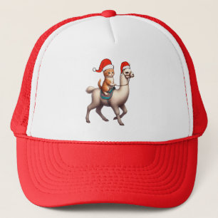 Christmas Cat Riding Llama, Xmas Llama and Kitten Trucker Hat