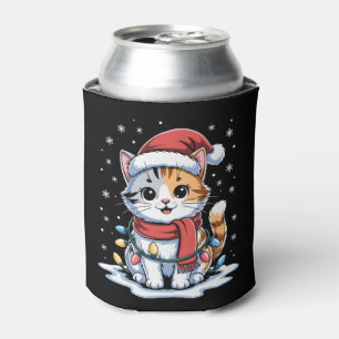Christmas Cat Santa Hat Scarf Lights Snow Xmas Can Cooler