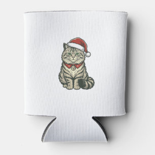 Christmas Cat Santa Hat Vintage Engraving Design_1 Can Cooler