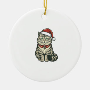 Christmas Cat Santa Hat Vintage Engraving Design_1 Ceramic Ornament