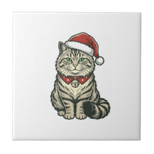 Christmas Cat Santa Hat Vintage Engraving Design_1 Ceramic Tile