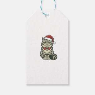 Christmas Cat Santa Hat Vintage Engraving Design_1 Gift Tags
