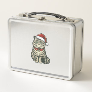 Christmas Cat Santa Hat Vintage Engraving Design_1 Metal Lunch Box