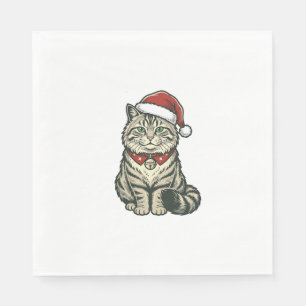 Christmas Cat Santa Hat Vintage Engraving Design_1 Napkin