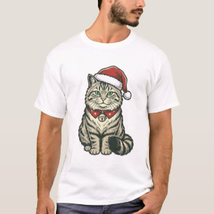 Christmas Cat Santa Hat Vintage Engraving Design_1 T-Shirt