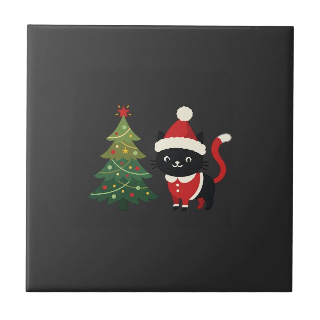 Christmas Cat Santa Tree Vector Ceramic Tile (Front)
