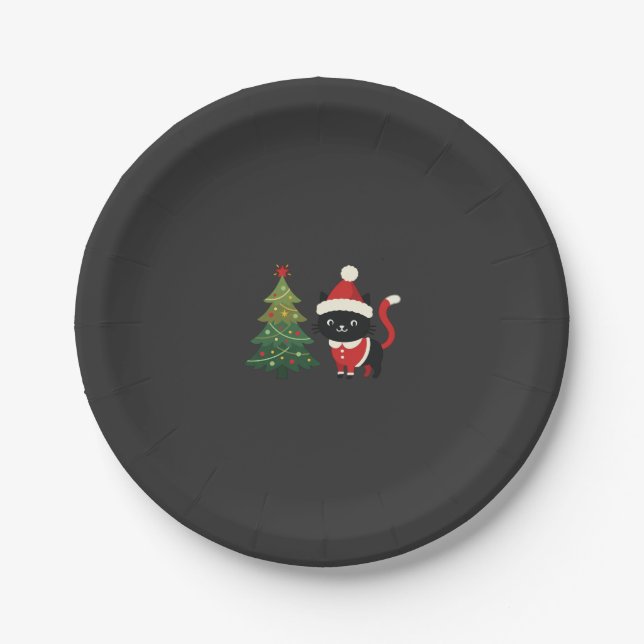 Christmas Cat Santa Tree Vector Paper Plate (Front)