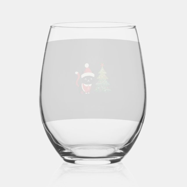 Christmas Cat Santa Tree Vector Stemless Wine Glass (Front)