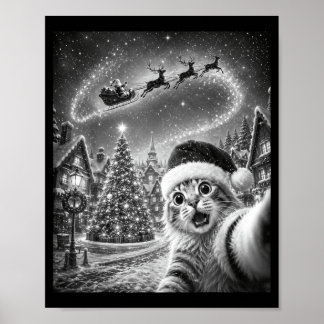 Christmas Cat Selfie Santa Sleigh Reindeer Tree Poster