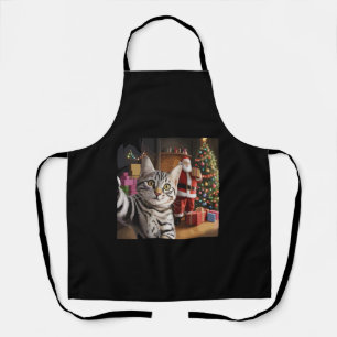 Christmas Cat Selfie with Santa Claus Cute Holiday Apron