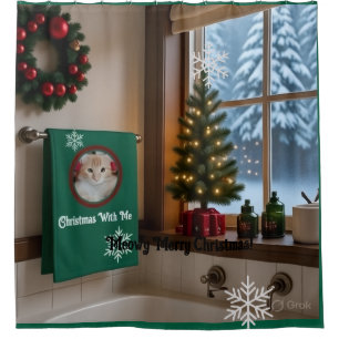 Christmas Cat Shower Curtain, Photo Text Customize Curtain