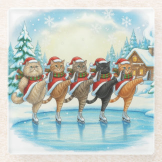Christmas Cat Skaters, Glass Coaster